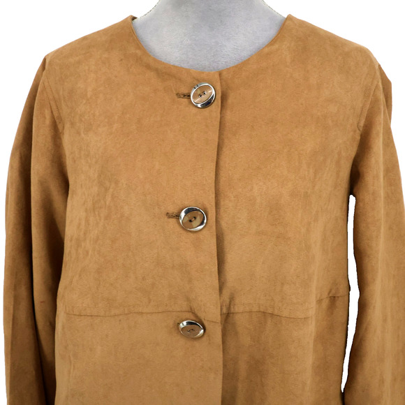 Susan Graver Jacket Plus Size 1X Camel Beige Faux Suede Lined Long Blazer Pocket - Picture 12 of 14